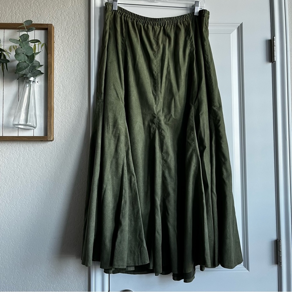 cold water creek olive faux suede trumpet flare midi skirt